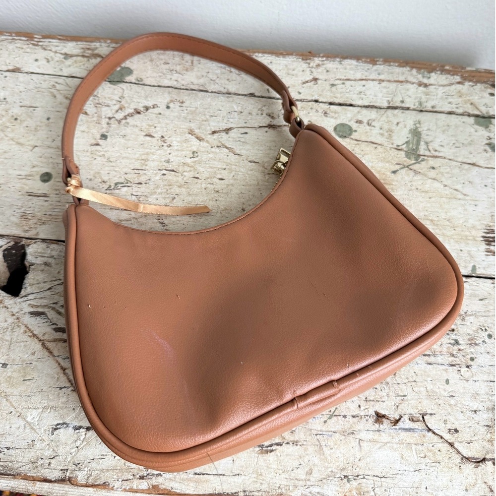 Tan Faux Leather Small Shoulder Bag Curved Hobo Purse Gold Hardware